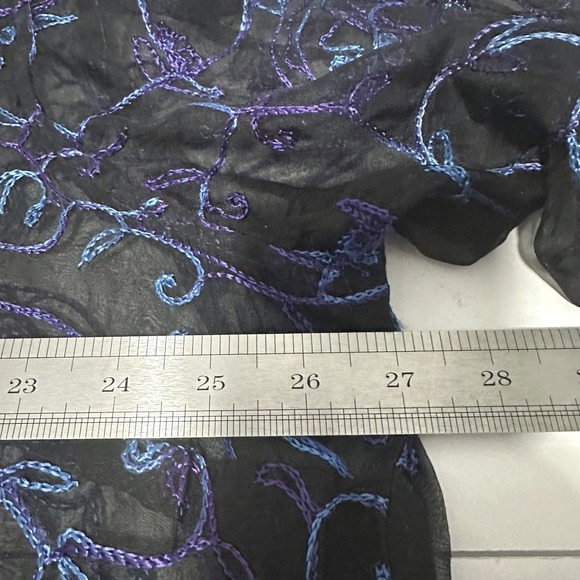 Maggie Barnes Whimsy 100% Silk Embroidered Sheer Shirt Black Paisley Plus 2X Vtg - Picture 7 of 8